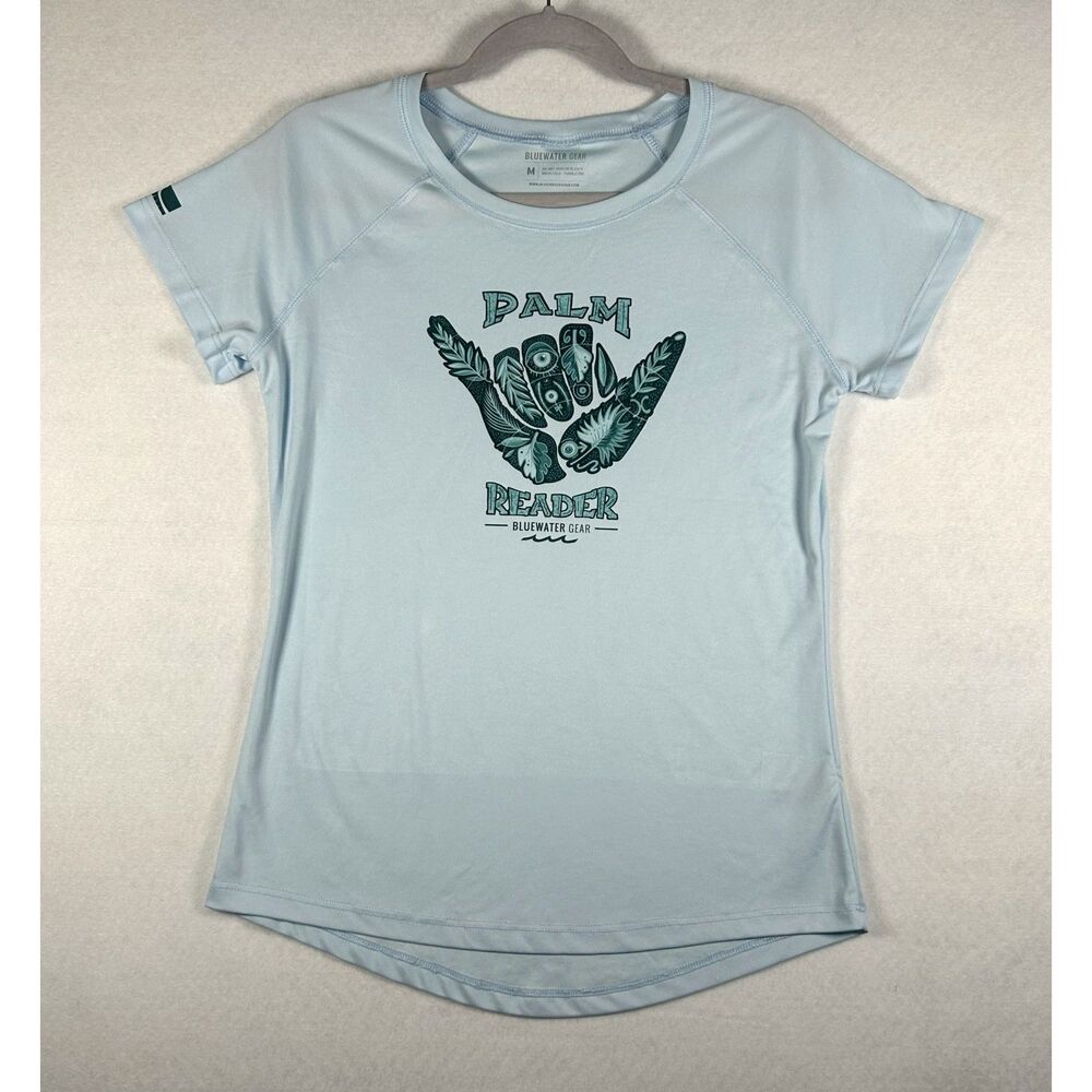 Bluewater Gear Women's Performance T-Shirt Size M Light Blue Palm Reader Shaka